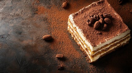 Wall Mural - Delicious Tiramisu dessert with cocoa powder and coffee beans.