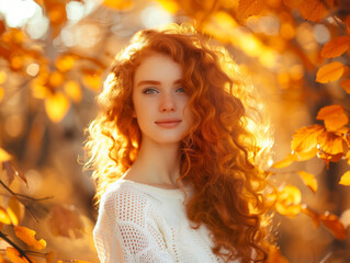 young autumn model woman with long curly hair in fall yellow park. Outdoor lifestyle portrait of autumn person on nature leaf background