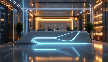 Wall Mural - Futuristic Luxurious Office Front Desk with Striking LED Lighting Design