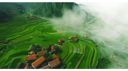 Canvas Print - Aerial View of Rice Terraces with a Mist