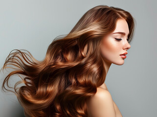 profile of redhead person woman portrait. beauty model with fashion make-up, long red hairstyle and 