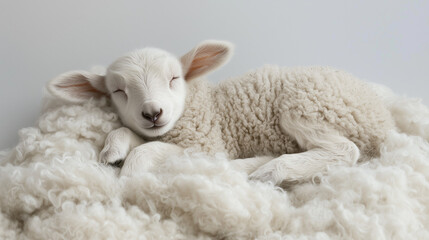 A lamb lying on its back on a pile of soft wool isolated on a simple background