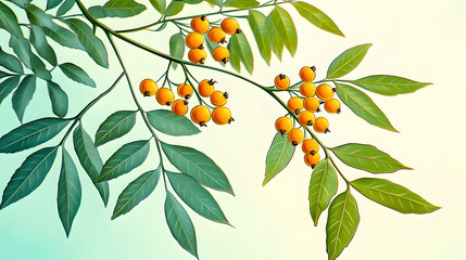 Sticker - Neem Branch with Berries and Leaves Colored Detailed Illustration.