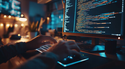 Close up of software developer writing code on computer with code screen displaying complex lines and data dots in office at night