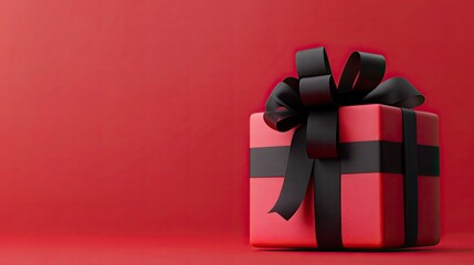 Black Friday sign in gift box wrapped with black ribbon on red background. 3d Render illustration. generative ai