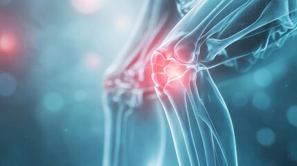 Poster - Close-up of a human knee joint illustrating pain and inflammation with a transparent view, ideal for medical and health-related content.