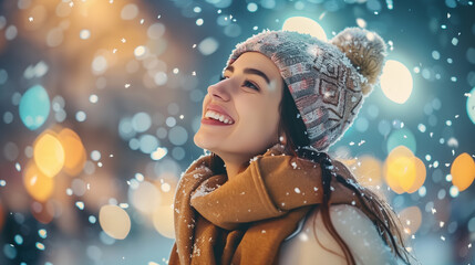 Cute winter woman beautiful model portrait. Winter season, Christmas, enjoyment and shopping concept