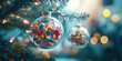 © syhin_stas - Christmas baubles filled with colorful prescription medicine pills hanging on a christmas tree with blurred lights in the background