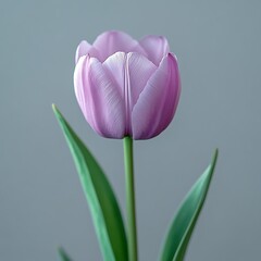 Wall Mural - A pink tulip with green leaves against a gray background.