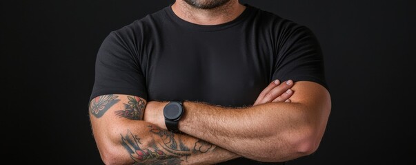 A confident man stands with crossed arms, showcasing his muscular build and tattoos against a dark background.