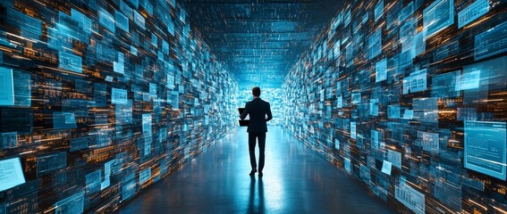 Poster - Document management and file hologram, copy space in the hand of a man