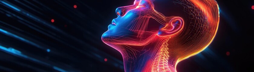 Aufkleber - A vibrant digital art depiction of a human silhouette with glowing neon colors, emphasizing anatomical features and energy flow.