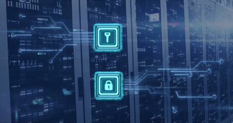 Poster - Image of digital data processing, padlock and key icons, circuit board and computer servers