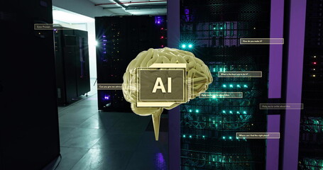 Poster - Image of ai text, brain and data processing over computer servers