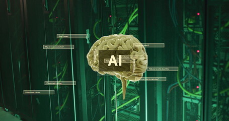 Poster - Image of ai text, brain and data processing over computer servers