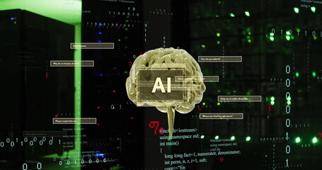 Poster - Image of ai text, brain and data processing over computer servers