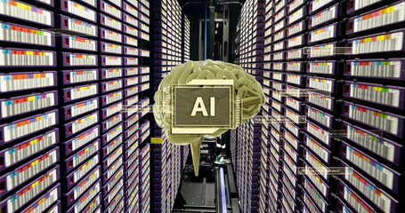 Poster - Image of ai text, brain and data processing over computer servers