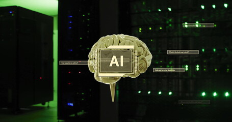 Poster - Image of ai text, brain and data processing over computer servers