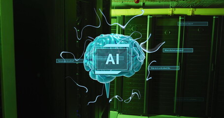 Poster - Image of ai text, brain and data processing over computer servers