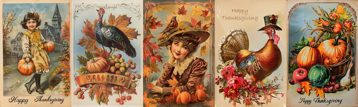 Thanksgiving greetings, collection set of vintage victorian style Thanksgiving cards