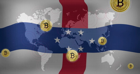 Poster - Bitcoin symbols image over world map and flag of Netherlands Antilles