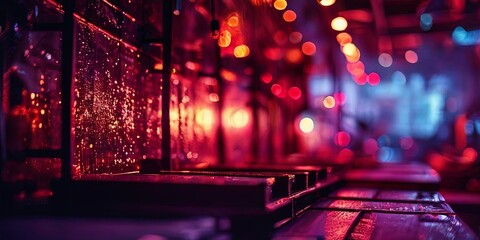 Poster - A blurry image of a bar with a wet counter and a blurry view of the bar
