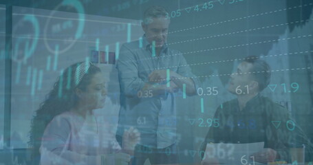 Poster - Image of financial data processing over diverse business people in office