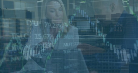 Poster - Image of financial data processing over diverse business people using laptop