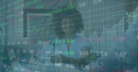 Poster - Image of financial data processing over diverse business people in office