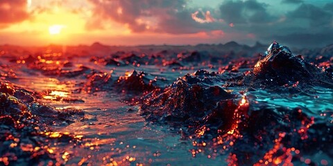 Aufkleber - A beautiful sunset over a rocky ocean