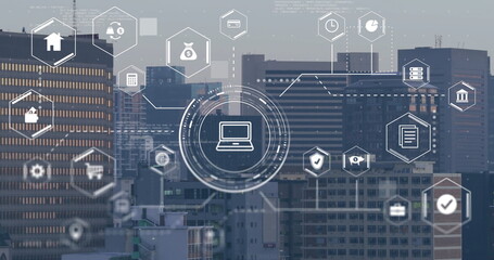 Wall Mural - Image of digital icons and data processing over cityscape