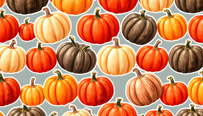 Wall Mural - Seamless pattern of colorful pumpkins isolated with white highlights, png