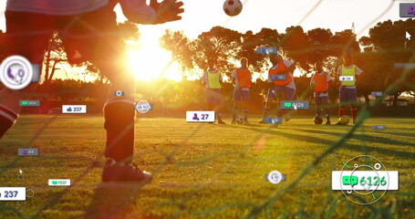 Poster - Image of digital data processing over diverse football players on field