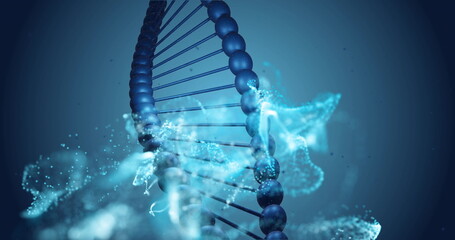 Poster - Image of dna strand and mesh of glowing spots on dark background