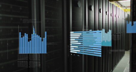 Poster - Image of blue graphs over computer server room