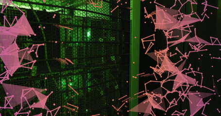 Poster - Image of pink communication networks floating over dark computer server room