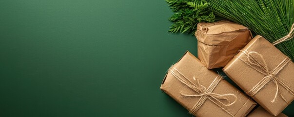 wrapped gifts with twine and greenery set against a vibrant green backdrop, perfect for holiday or s