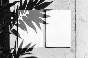 Poster - Two empty white vertical rectangle poster mockups with diagonal window shadow on gray concrete wall. For advertising, branding, and stationery design presentations.