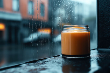 Poster - A lit candle in a glass jar is placed on a windowsill, with raindrops on the window and an urban setting blurred in the background, creating a cozy ambiance.