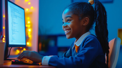 Cinematic photograph of a happy Black schoolgirl in uniform, sitting at her desk and typing on the computer keyboard