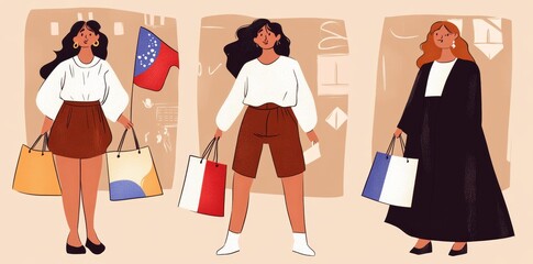 Fashionable girls with shopping bags on a colorful background