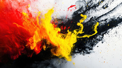 Wall Mural - Red, yellow and black colors explode in the air on a white background and fly in different directions. A painting depicting a fire with yellow and red flames. The black smoke in the background