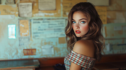 Wall Mural - Beautiful girl with blue eyes and plaid dress posing in the classroom 