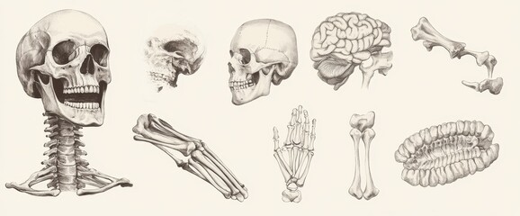 An outline of a human skeleton set that includes a skull, spine, pelvis, and a hand.