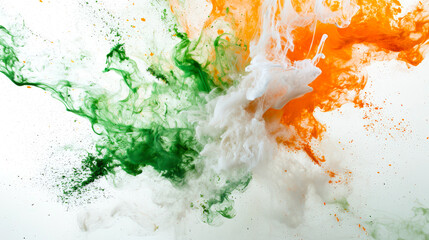 Wall Mural - An amazing explosion of colors on a white background. The concept of the flag of Ireland. Green, white and orange acrylic paints are mixed in the air. A bright splash