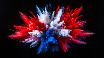 Wall Mural - Red, white and blue clouds of smoke are flying in all directions in the air on a black background. Bright colors create a feeling of excitement and energy. The explosion turns out to be dynamic