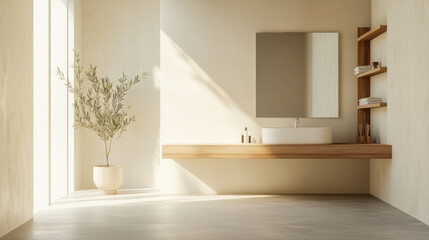 Wall Mural - A bright, modern bathroom with a sink, mirror, and a wooden shelf. The concrete floor is clean.