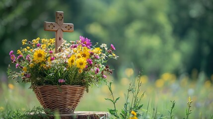 Wall Mural - Christian cross and meadow flowers in wicker basket on table, natural background. Herbal consecration - traditional customs of August 15, day of the Assumption of Mary, generative ai