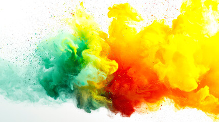 Wall Mural - Colorful ink is mixed on a white background. Green, red and yellow colors explode in the air. Smoke and fire seem to swirl and dance in the air, creating a dynamic atmosphere