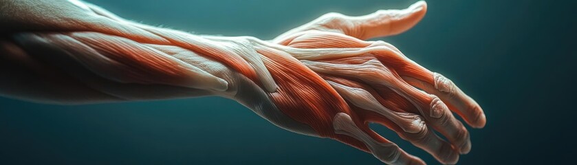 Detailed view of a human arm showcasing muscles, anatomy, and physical structure in dramatic lighting for educational use.